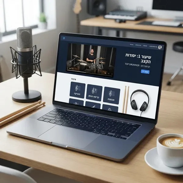 קורס תופים אונליין על מסך מחשב נייד