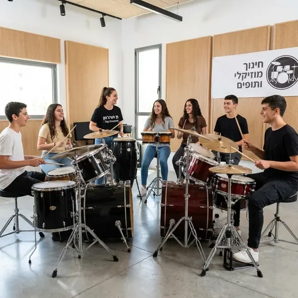 סדנת תופים קבוצתית עם תלמידים מנגנים ביחד